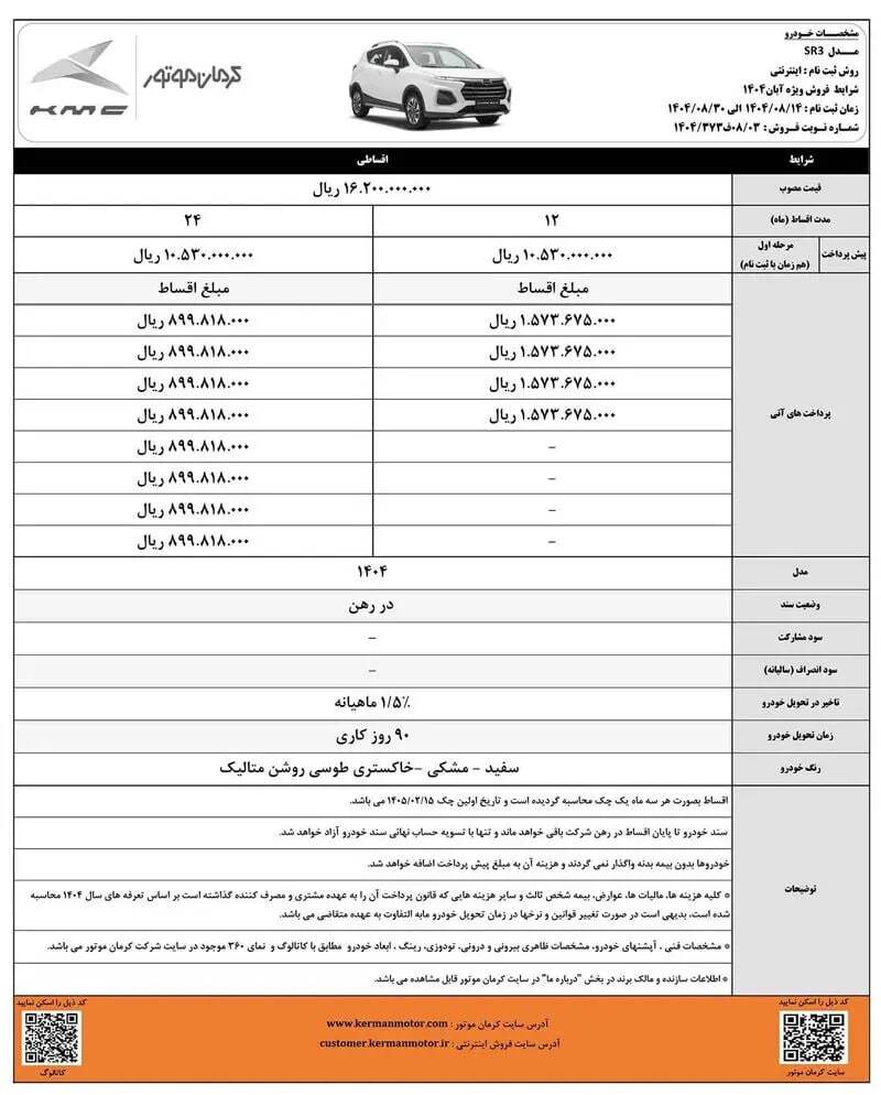 فروش اقساطی کرمان موتور ویژه آبان ۱۴۰۴ / با اقساط ۲۴ ماهه خودرو بخرید + تحویل ۹۰ روزه فروش اقساطی کرمان موتور ویژه آبان ۱۴۰۴ / با اقساط ۲۴ ماهه خودرو بخرید + تحویل ۹۰ روزه